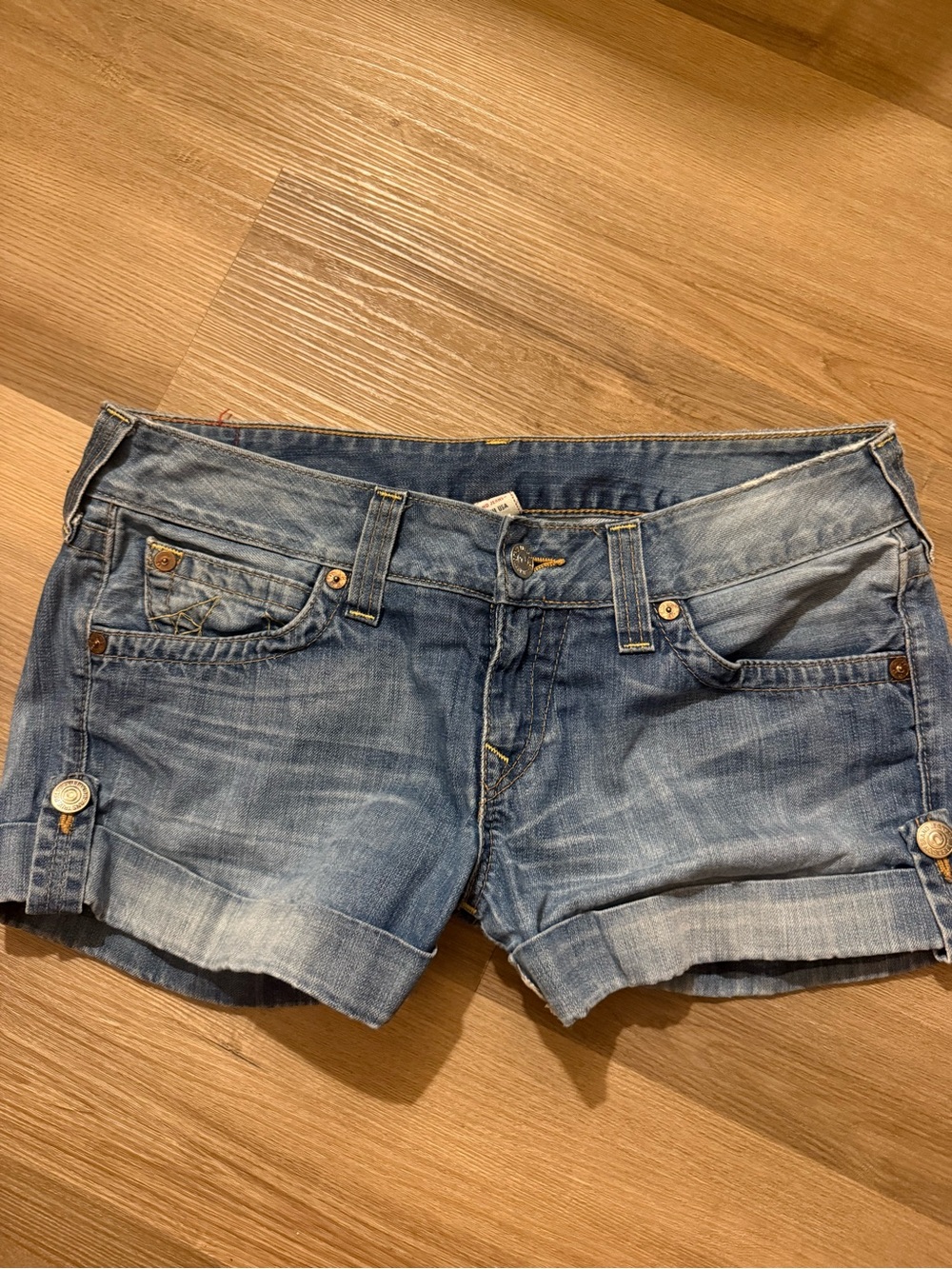 True Religion Washed Blue Denim Cuffed Shorts